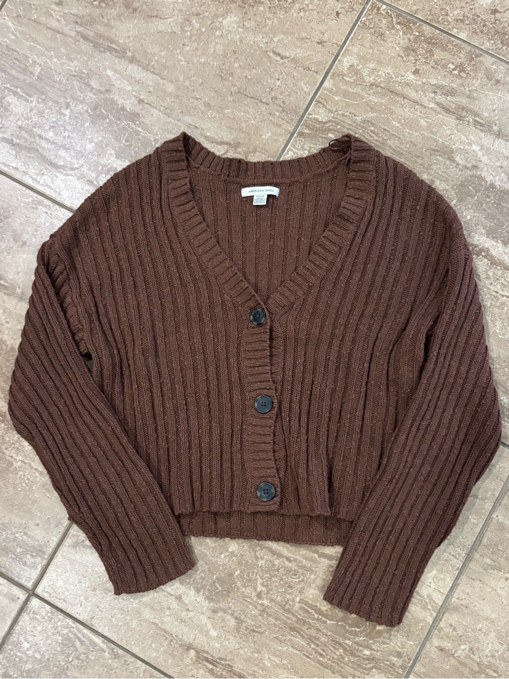 American Eagle brown ribbed knit cropped cardigan with button-up front
